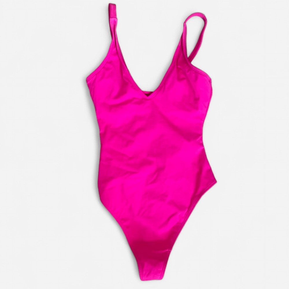 TA3 Corset Plungey Thong One Piece Lace Up Back Swimsuit in Pink XS Short